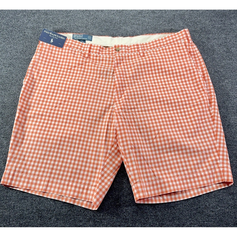 Polo Ralph Lauren Orange Gingham Shorts Flat Front 10" Inseam 42 Tall NWT